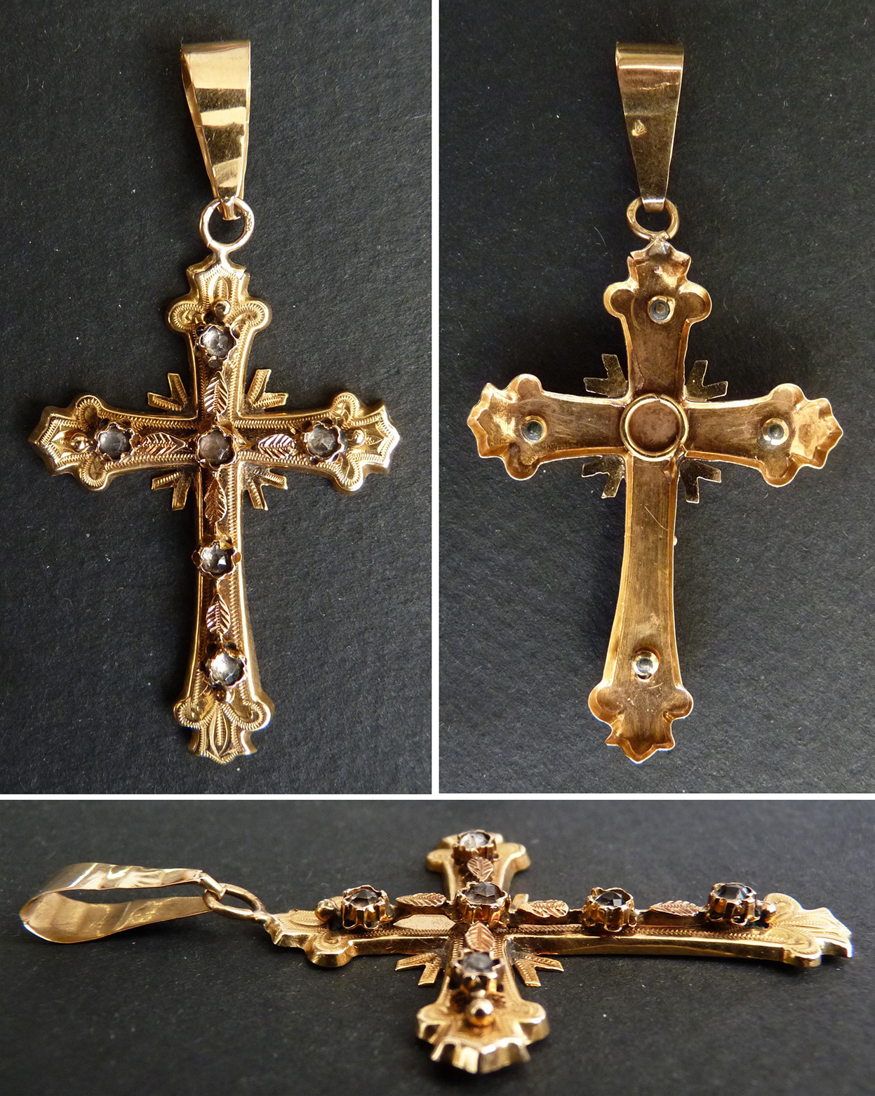 Croix pendentif en OR massif et diamants Ancien bijou régional
